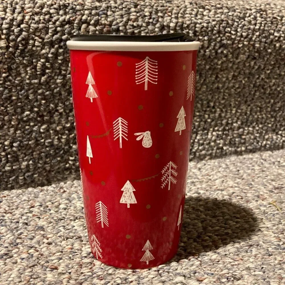 Starbucks 2018 Holiday Ceramic Travel Mug Winter Red Forest 12oz